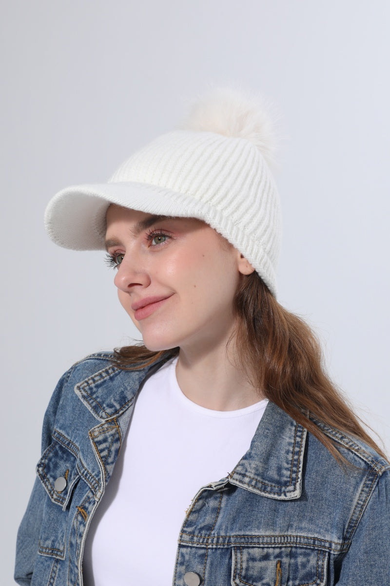 Women Ribbed Knit Visor Beanie With Faux Fur Pom Pom Winter Hat - NeoKira Unlimited