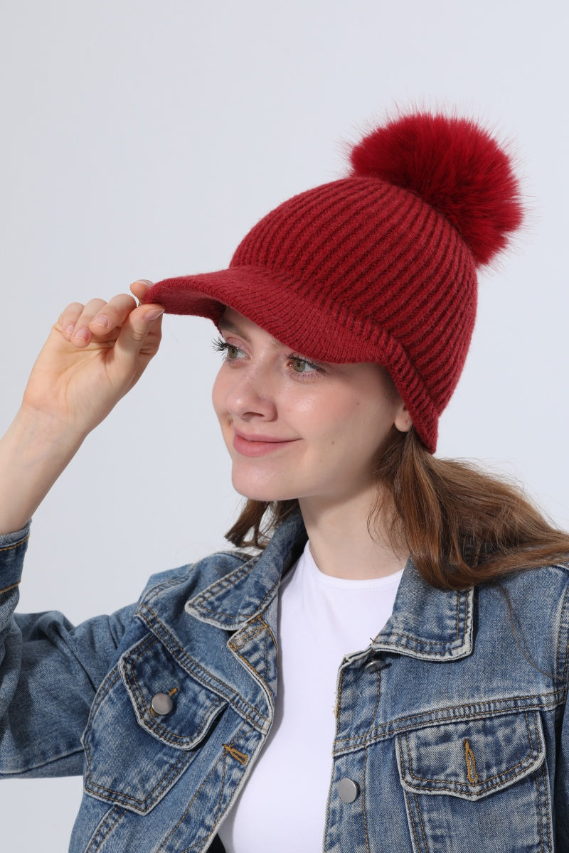 Women Ribbed Knit Visor Beanie With Faux Fur Pom Pom Winter Hat - NeoKira Unlimited