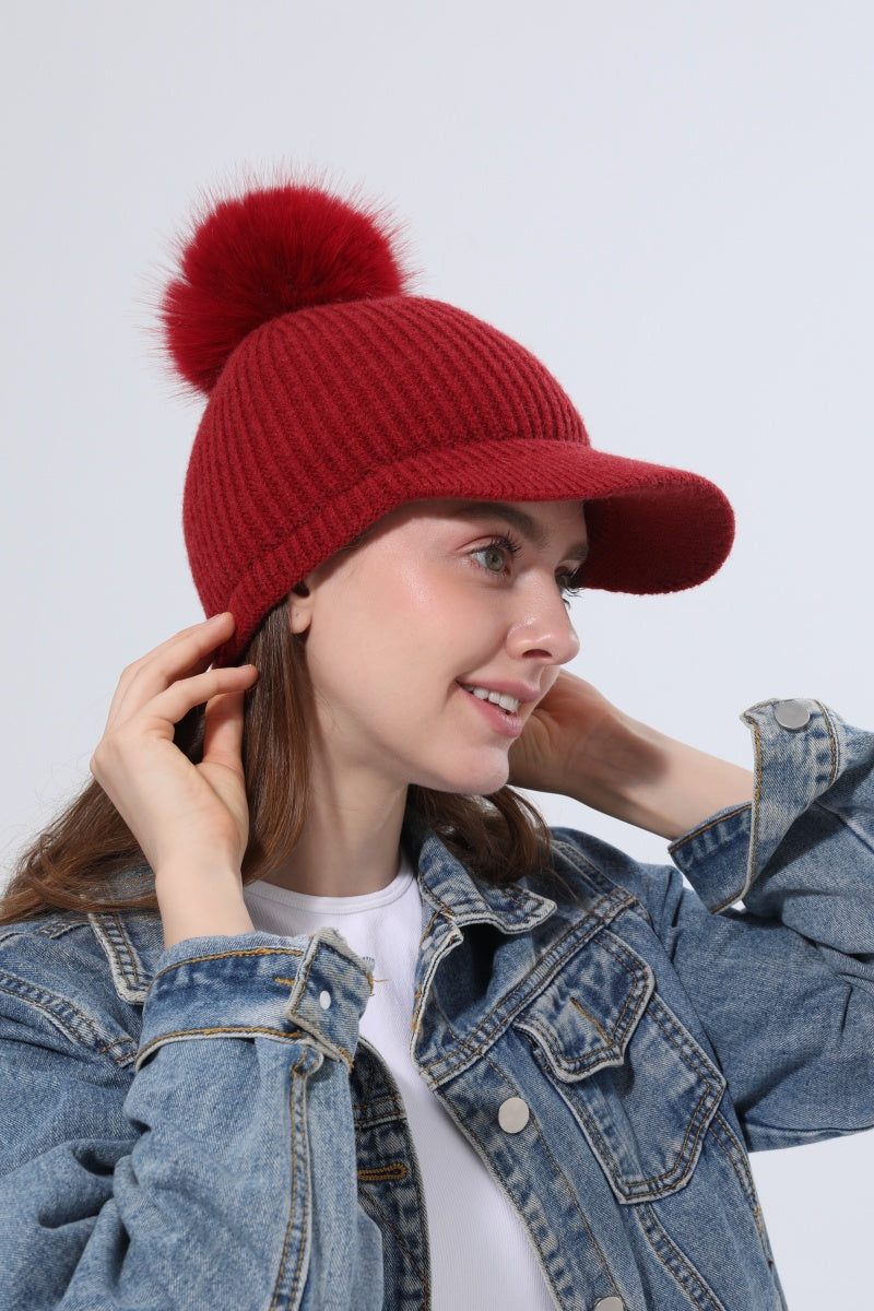 Women Ribbed Knit Visor Beanie With Faux Fur Pom Pom Winter Hat - NeoKira Unlimited