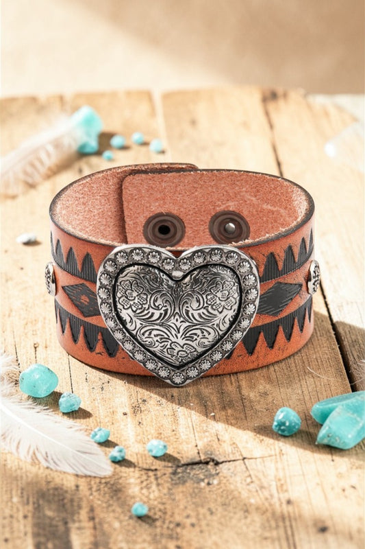 Western Romance: Embossed Heart Leather Cuff-Band Bracelet - NeoKira Unlimited