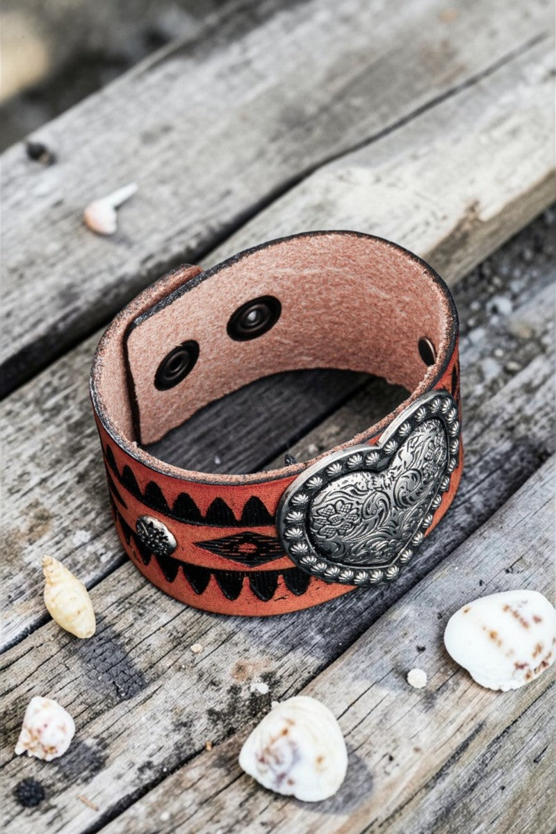 Western Romance: Embossed Heart Leather Cuff-Band Bracelet - NeoKira Unlimited