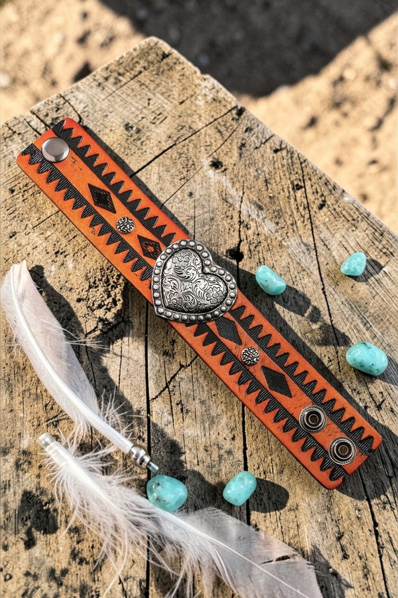 Western Romance: Embossed Heart Leather Cuff-Band Bracelet - NeoKira Unlimited