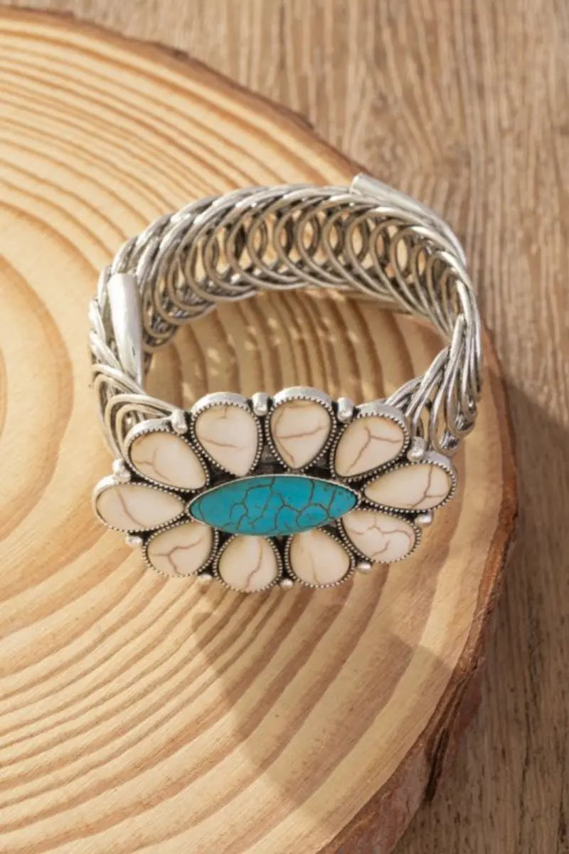 Women Western Turquoise Flower Elastic Cuff Style Bracelet - NeoKira Unlimited