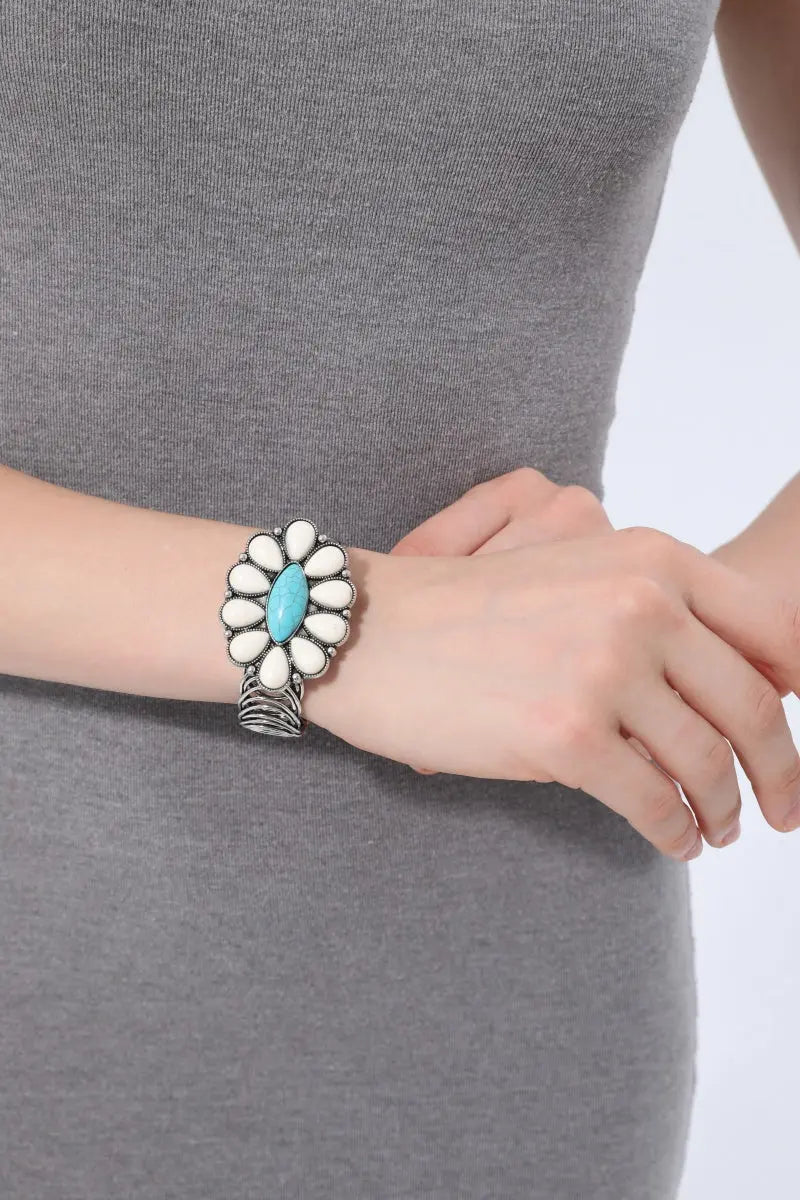 Women Western Turquoise Flower Elastic Cuff Style Bracelet - NeoKira Unlimited