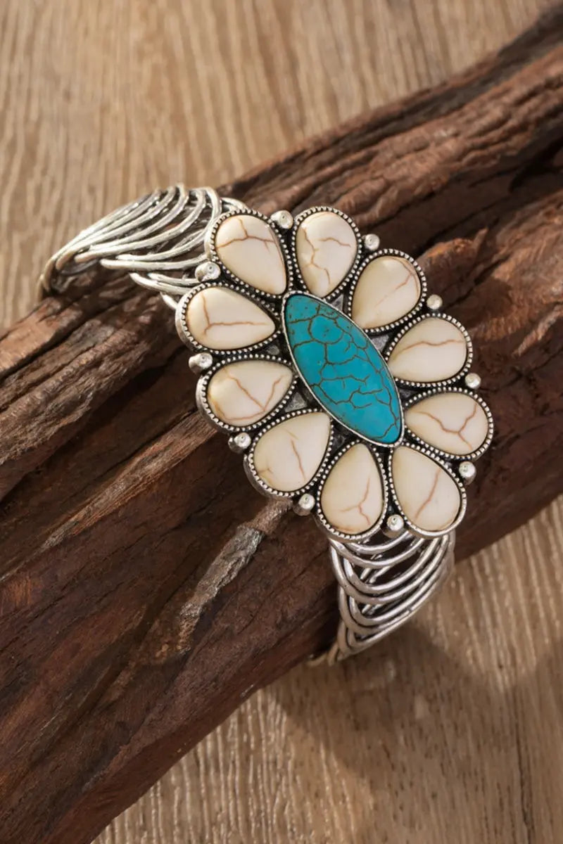 Women Western Turquoise Flower Elastic Cuff Style Bracelet - NeoKira Unlimited