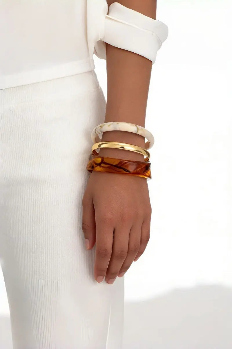Vintage Resin Metal 3‑Pcs Stackable Women Bangle Bracelet Set - NeoKira Unlimited