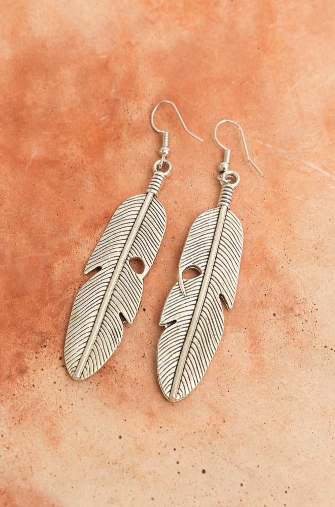 Antique Silver Feather Dangle Earrings Earrings Leto Collection   