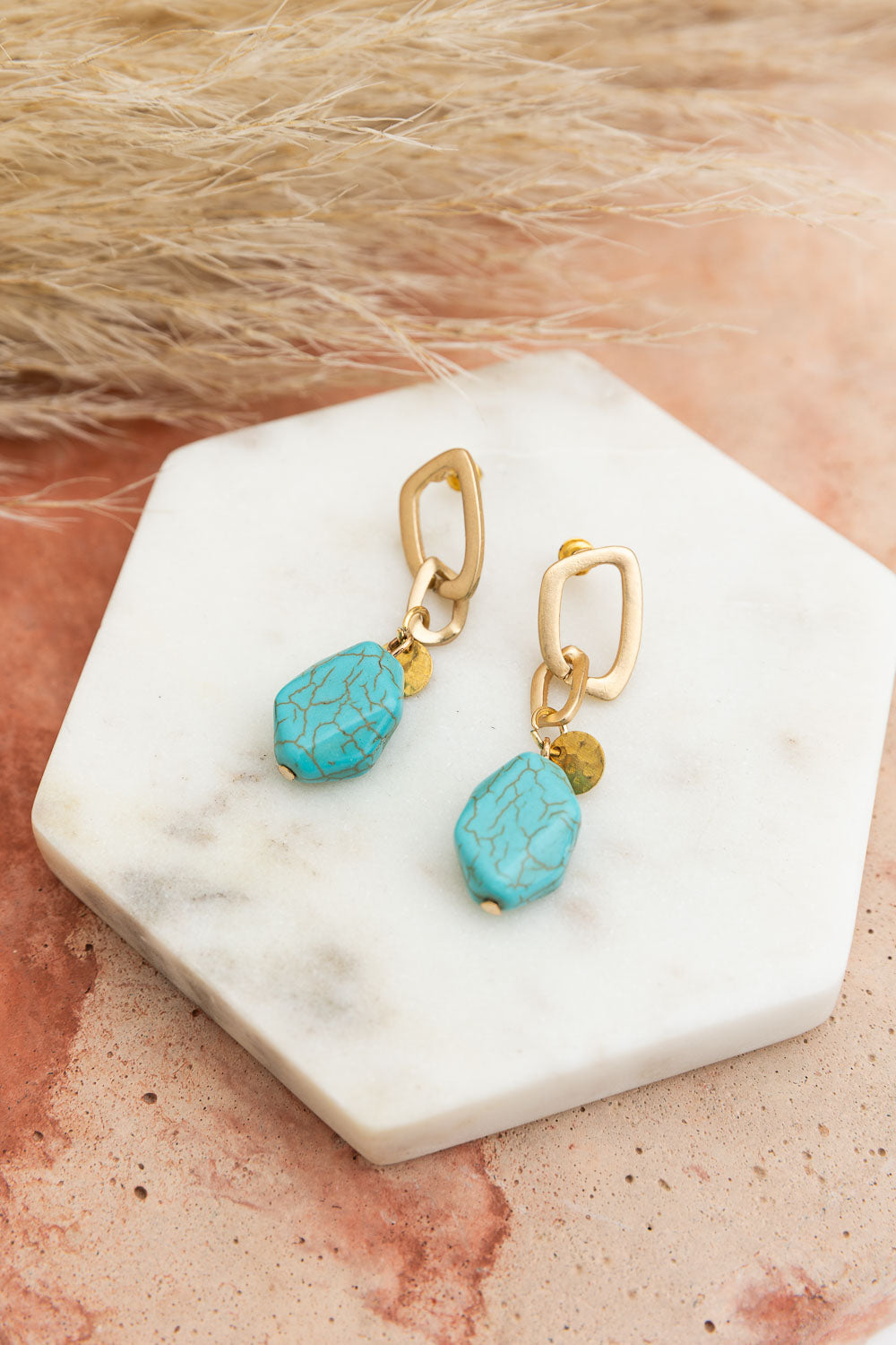 Turquoise Stone Drop Chain Earrings - NeoKira Unlimited