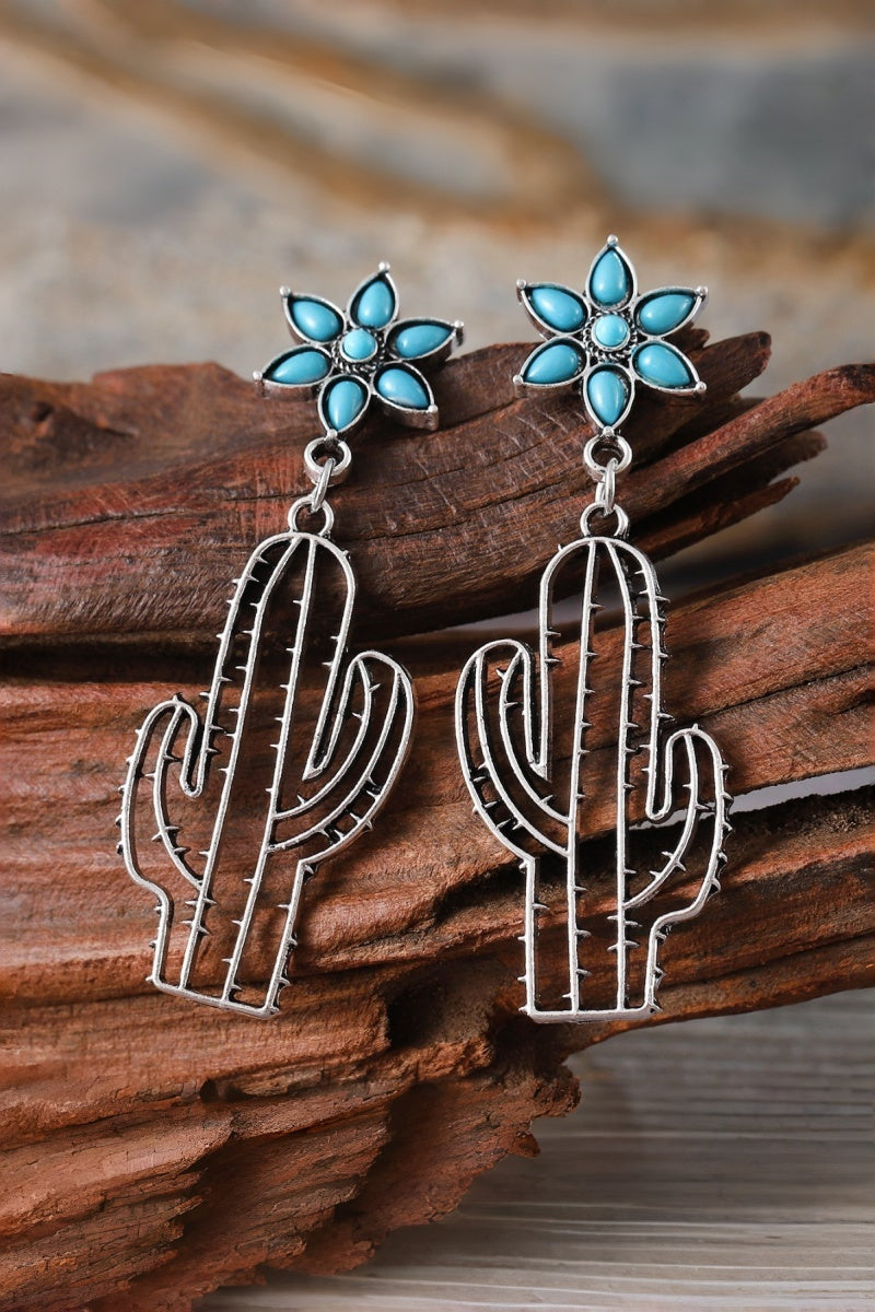 Boho Western Earrings – 💎Turquoise Flower & Openwork Cactus🌵 - NeoKira Unlimited