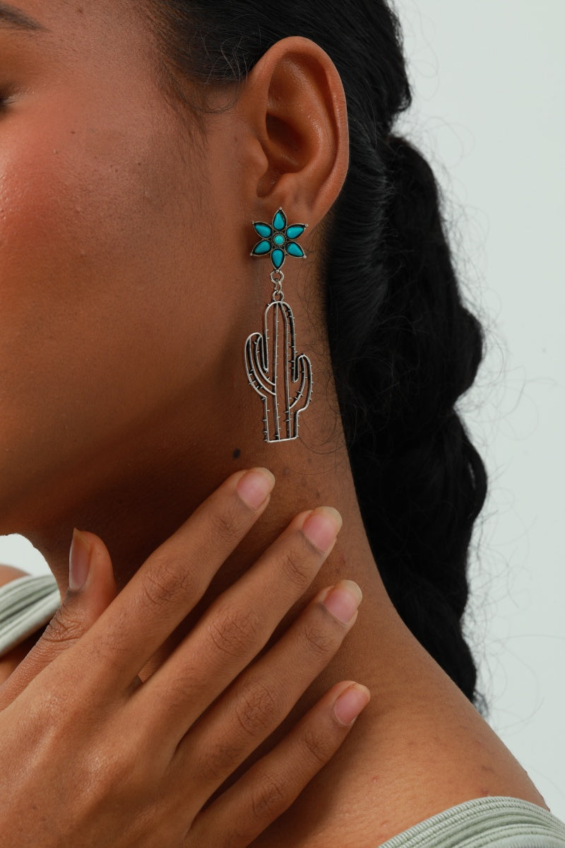 Boho Western Earrings – 💎Turquoise Flower & Openwork Cactus🌵 - NeoKira Unlimited