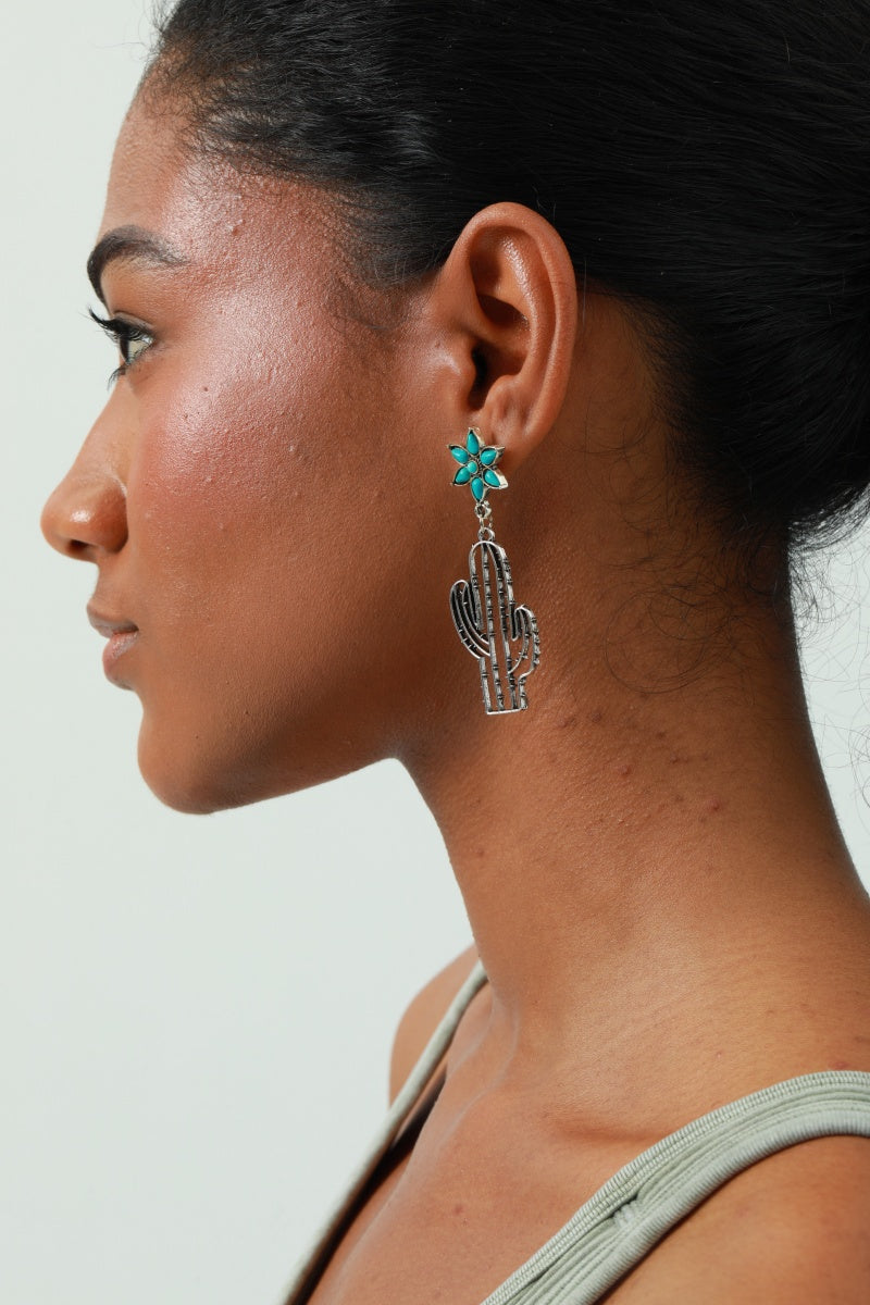 Boho Western Earrings – 💎Turquoise Flower & Openwork Cactus🌵 - NeoKira Unlimited