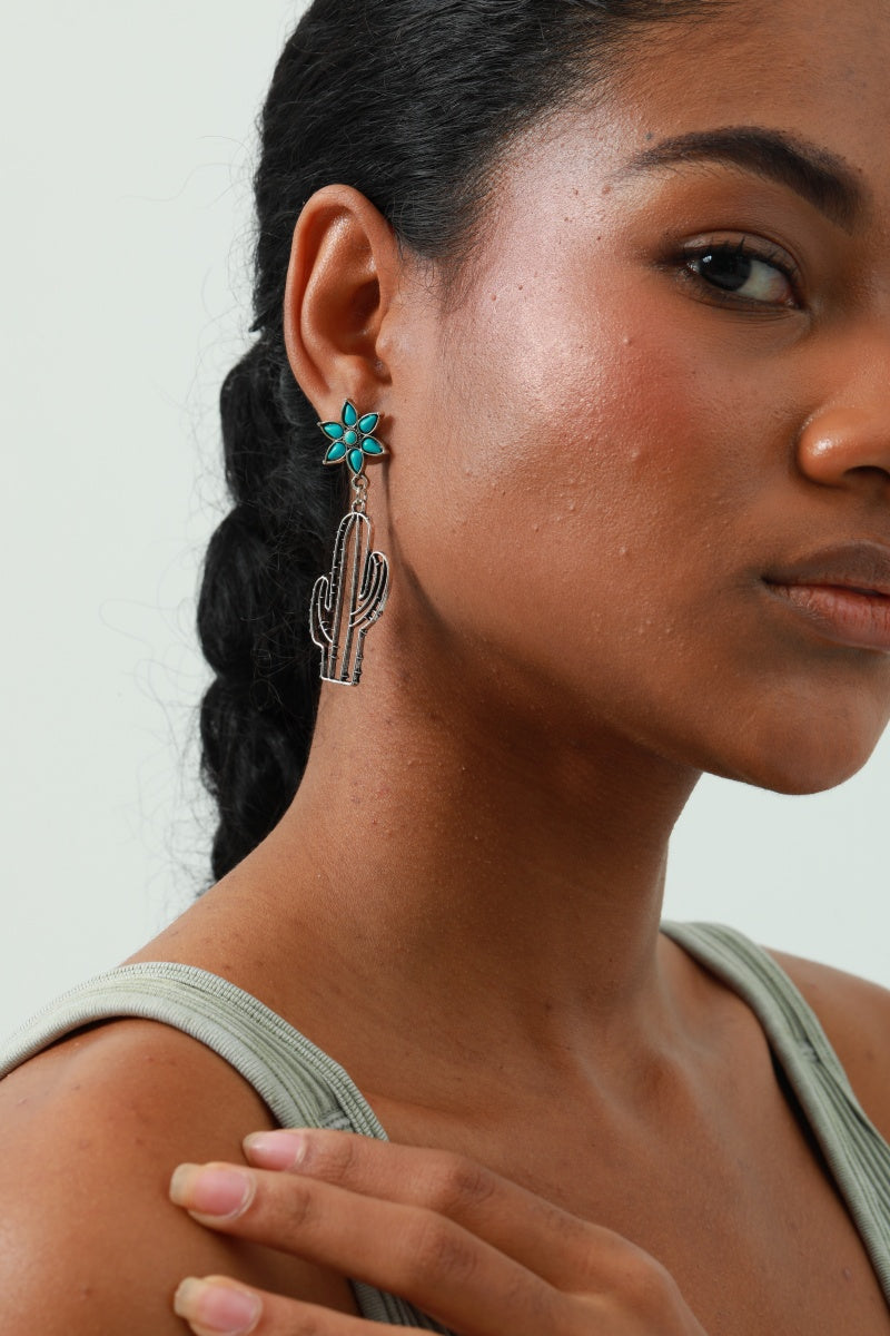 Boho Western Earrings – Turquoise Flower & Openwork Cactus - NeoKira Unlimited