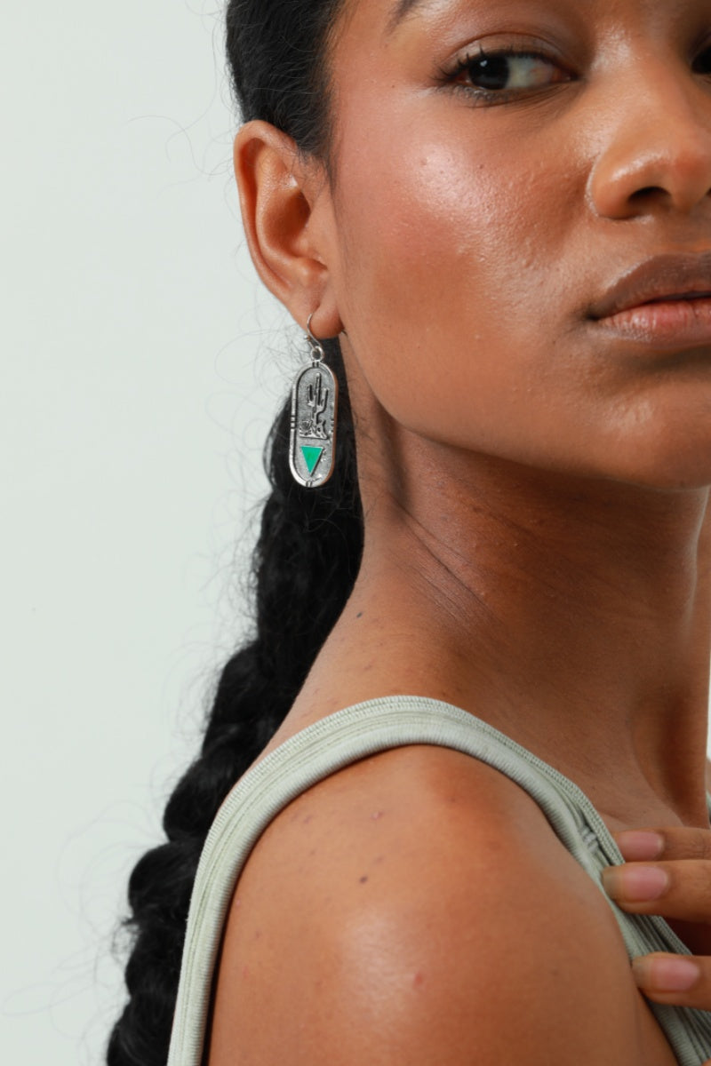 Carved Cactus Earrings – Turquoise Triangle Inlay - NeoKira Unlimited