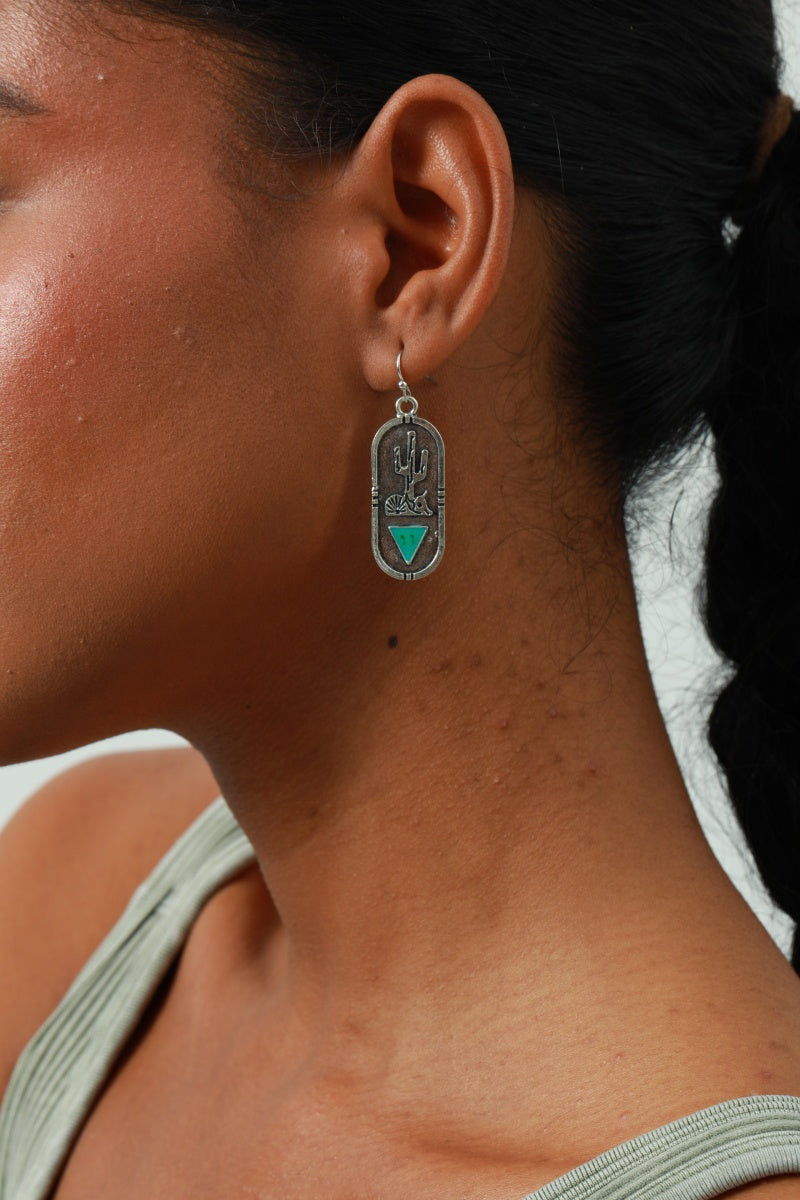Carved Cactus Earrings – Turquoise Triangle Inlay - NeoKira Unlimited
