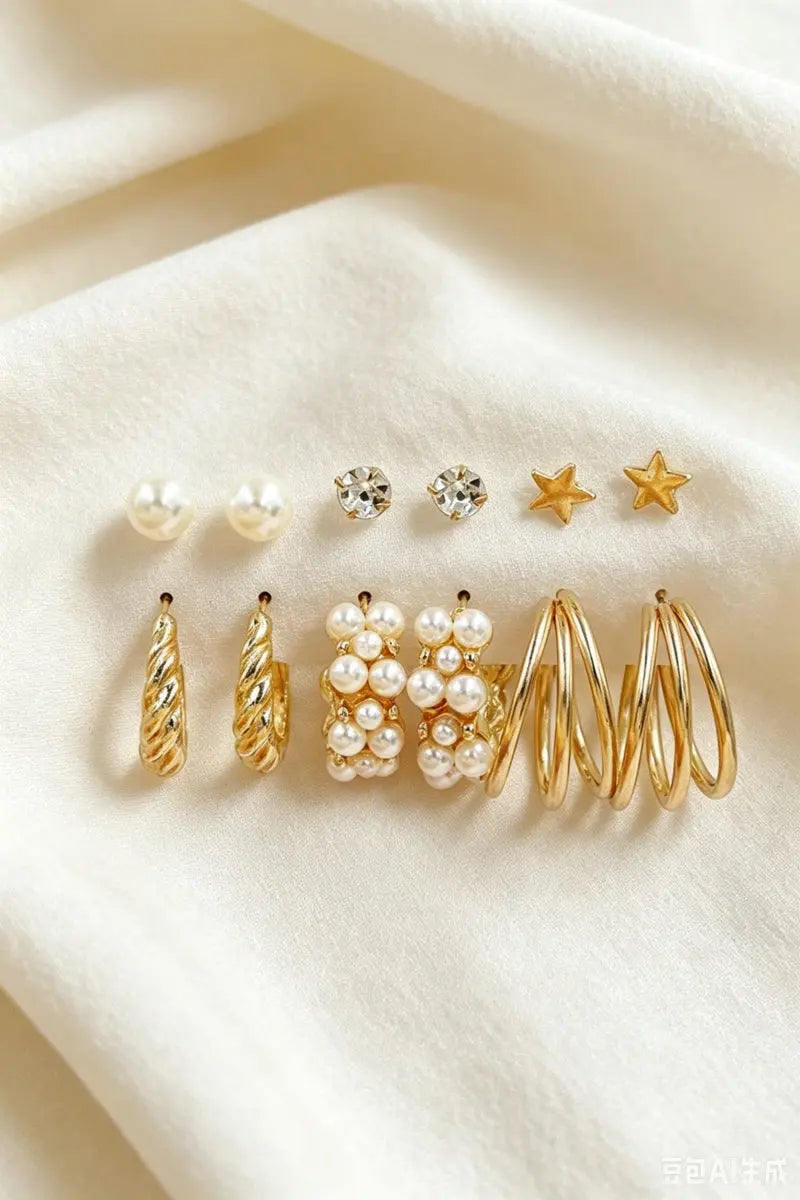Gold Tone Mixed Style Star Pearl Rhinestone 3‑Pairs Earrings - NeoKira Unlimited