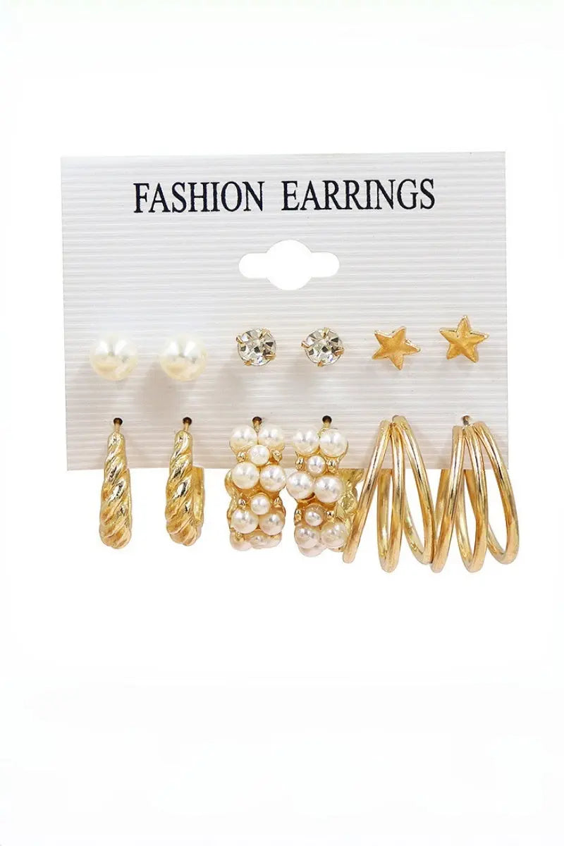 Gold Tone Mixed Style Star Pearl Rhinestone 3‑Pairs Earrings - NeoKira Unlimited