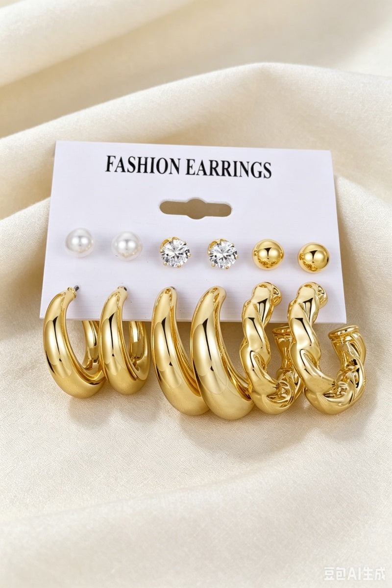 3 Pairs Gold Plated Pearl Zircon Hoop Earrings Assorted Set - NeoKira Unlimited
