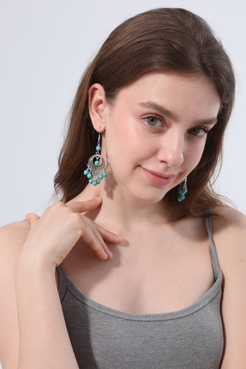 Women Boho Vintage Turquoise Beaded Tassel Drop Hook Earrings - NeoKira Unlimited