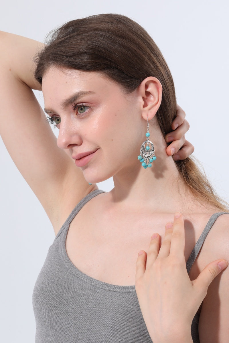 Women Boho Vintage Turquoise Beaded Tassel Drop Hook Earrings - NeoKira Unlimited