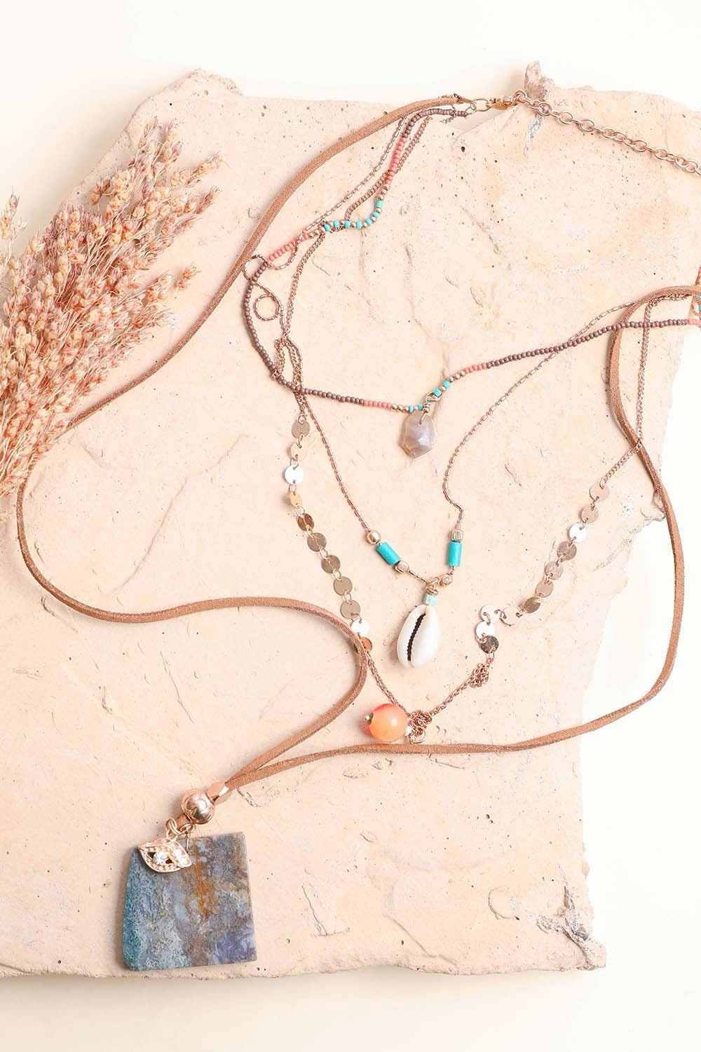 Four Layer Stone and Shell Bohemian Necklace Necklaces Leto Collection   