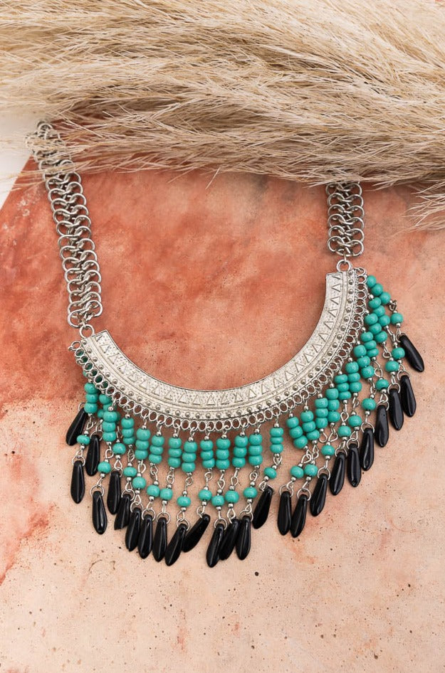 Turquoise Bohemian Fringe Bib Necklace - NeoKira Unlimited