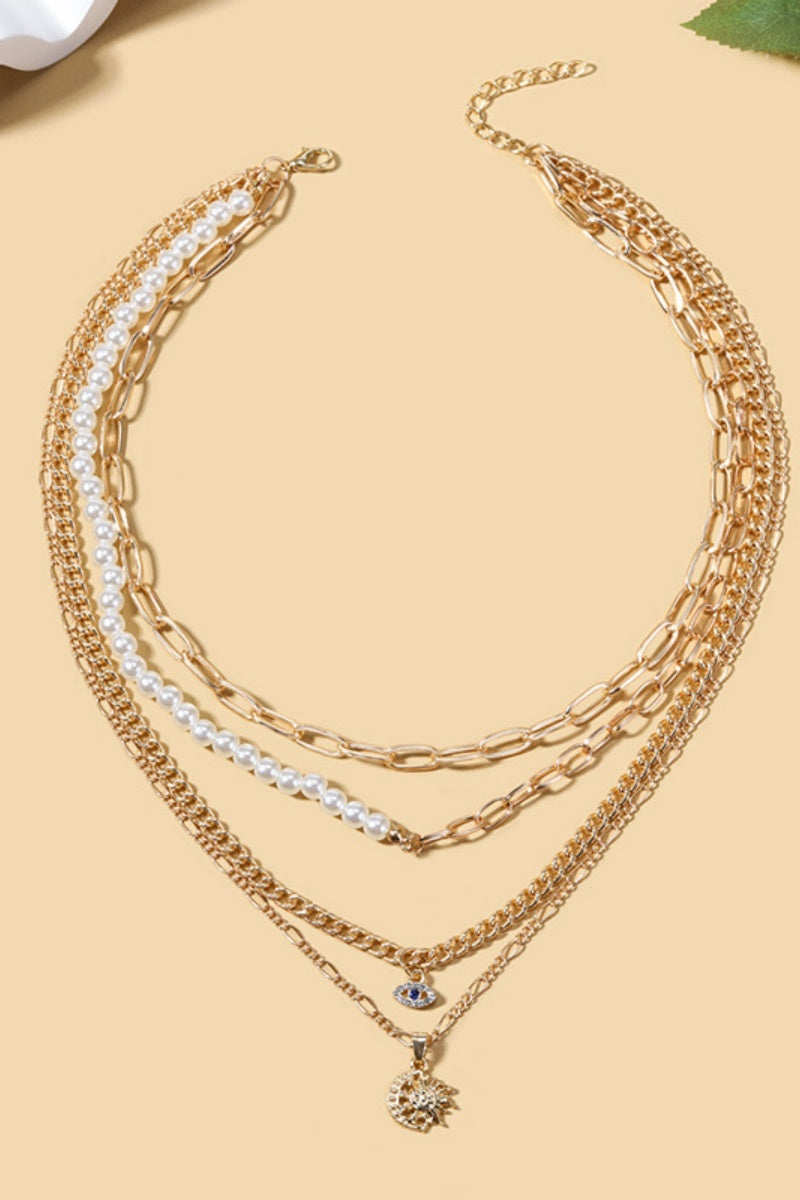 Sun Moon Evil Eye Pendant 4-Layer Gold Pearl Choker for Women - NeoKira Unlimited