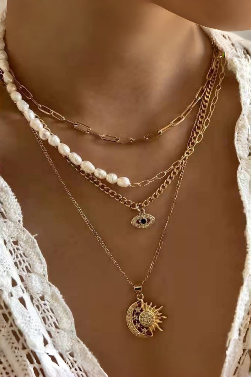 Sun Moon Evil Eye Pendant 4-Layer Gold Pearl Choker for Women - NeoKira Unlimited