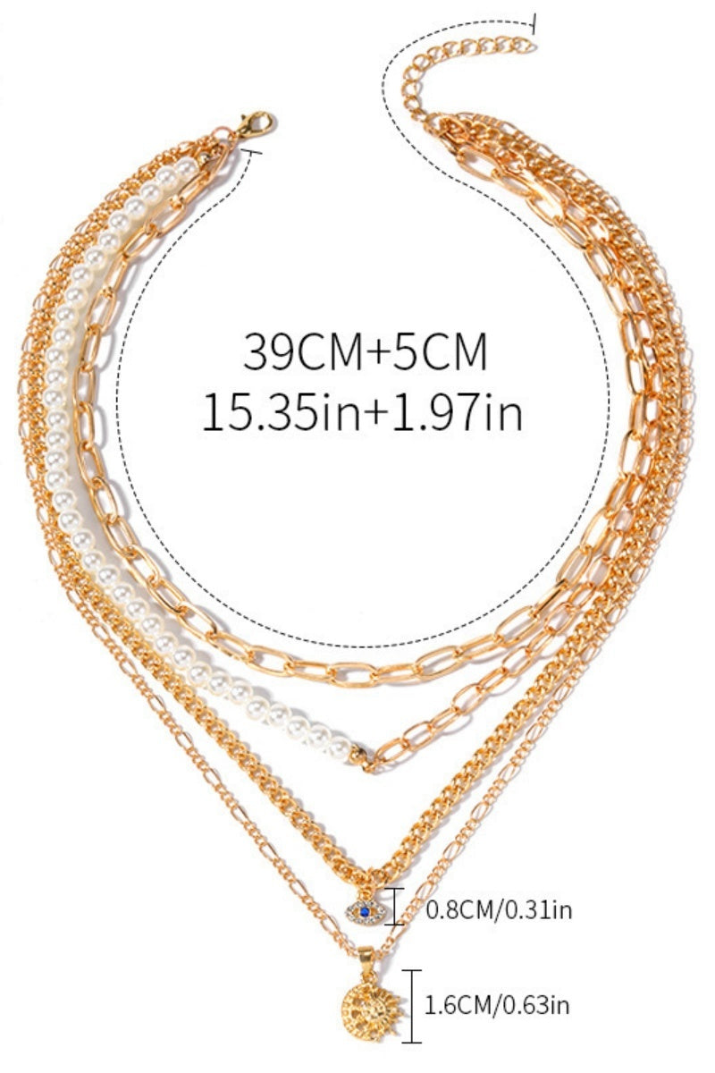Sun Moon Evil Eye Pendant 4-Layer Gold Pearl Choker for Women - NeoKira Unlimited