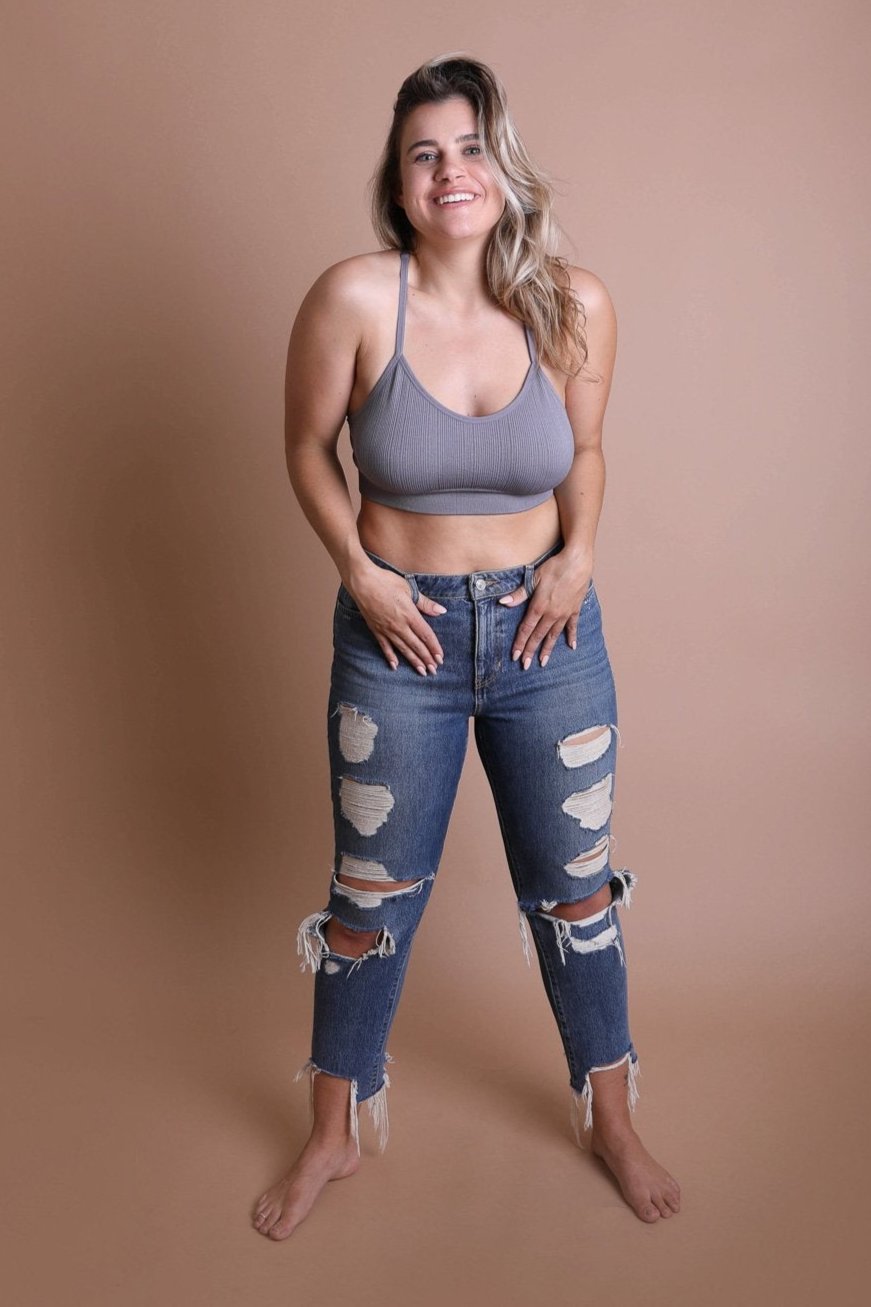 Racerback tattoo back gray bralette with soft lightweight fabric.