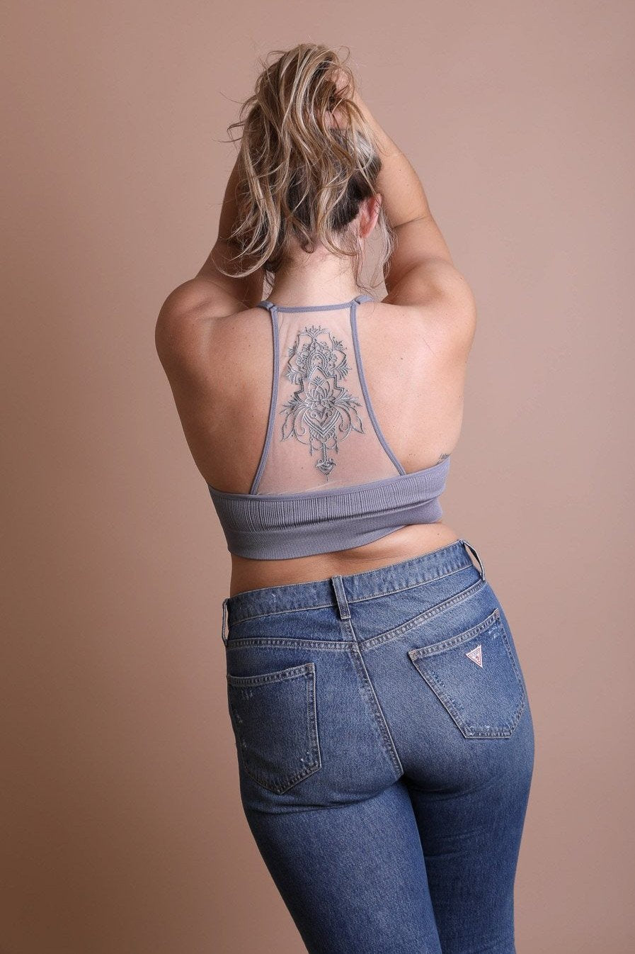 Seamless tattoo back gray bralette with breathable mesh.