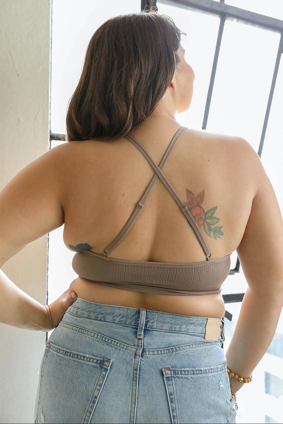 Halter style high neck mocha bralette with intricate crochet detail.