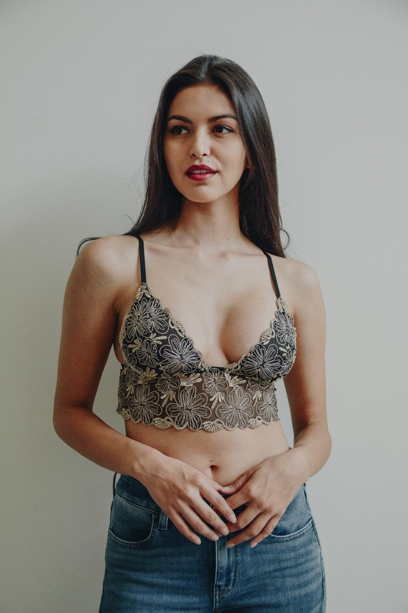 Floral Stitch Mesh Bralette Bralette Leto Collection Medium Gold 