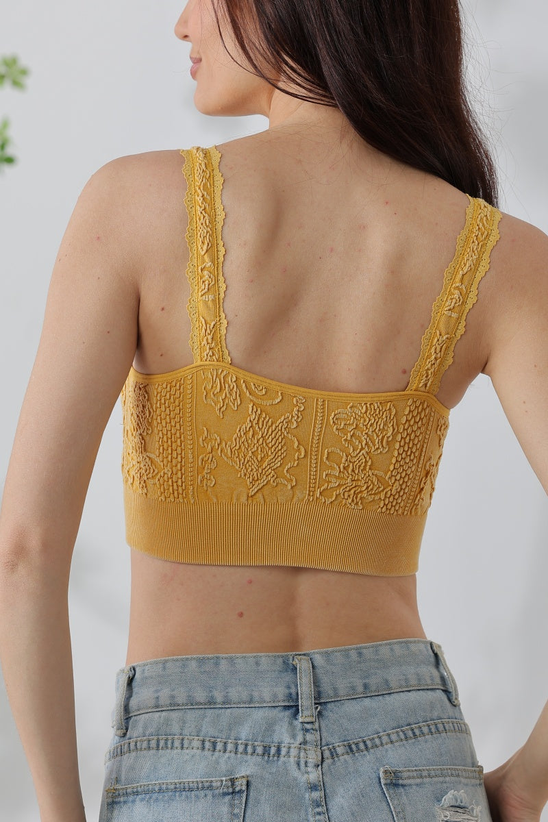 Effortless Edge: Seamless Washed Jacquard Lace Bralette with Decorative Strap - NeoKira Unlimited