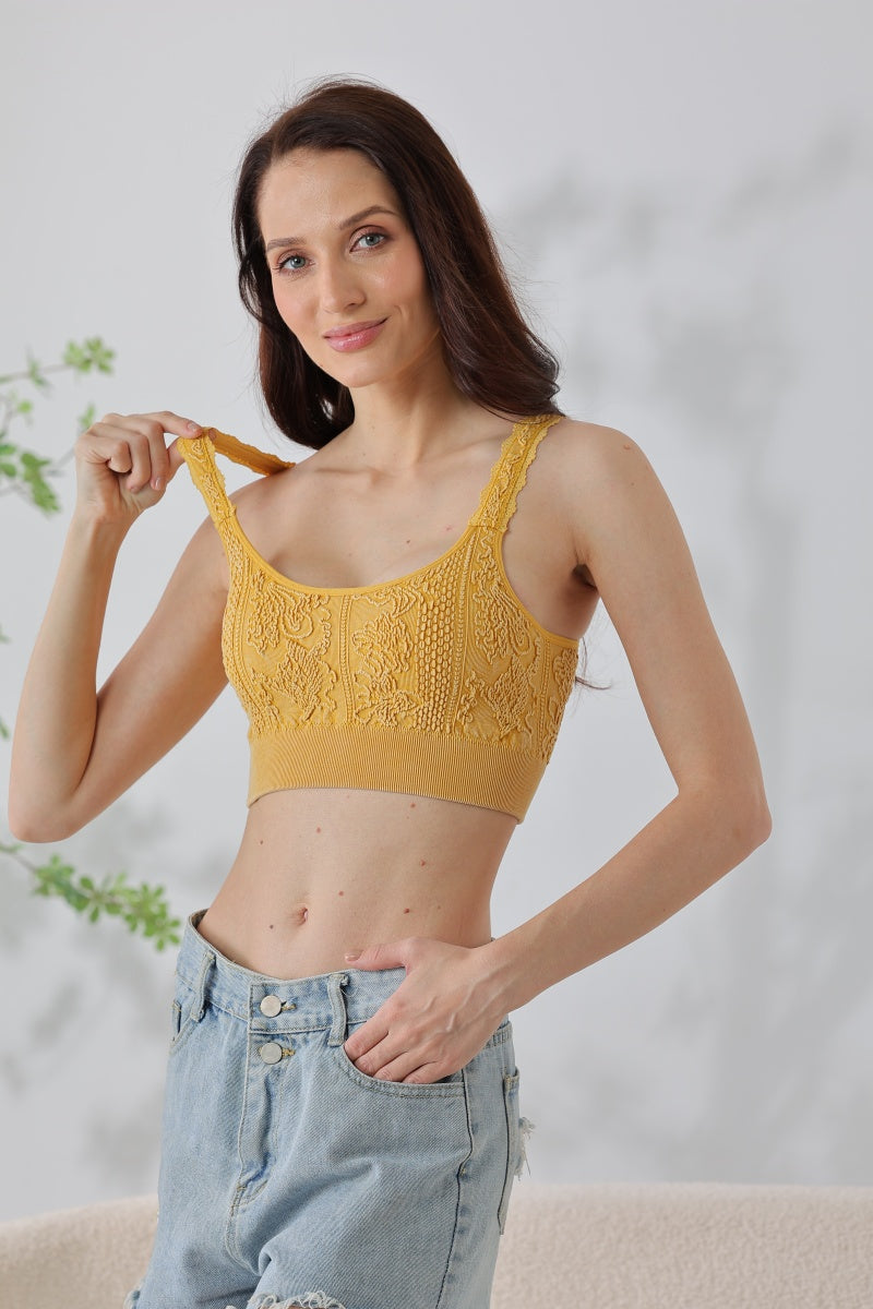Effortless Edge: Seamless Washed Jacquard Lace Bralette with Decorative Strap - NeoKira Unlimited