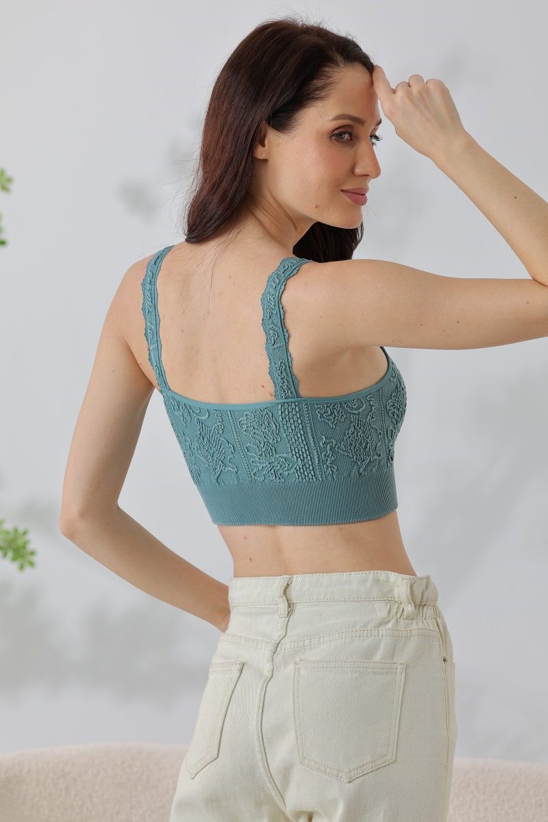 Effortless Edge: Seamless Washed Jacquard Lace Bralette with Decorative Strap - NeoKira Unlimited