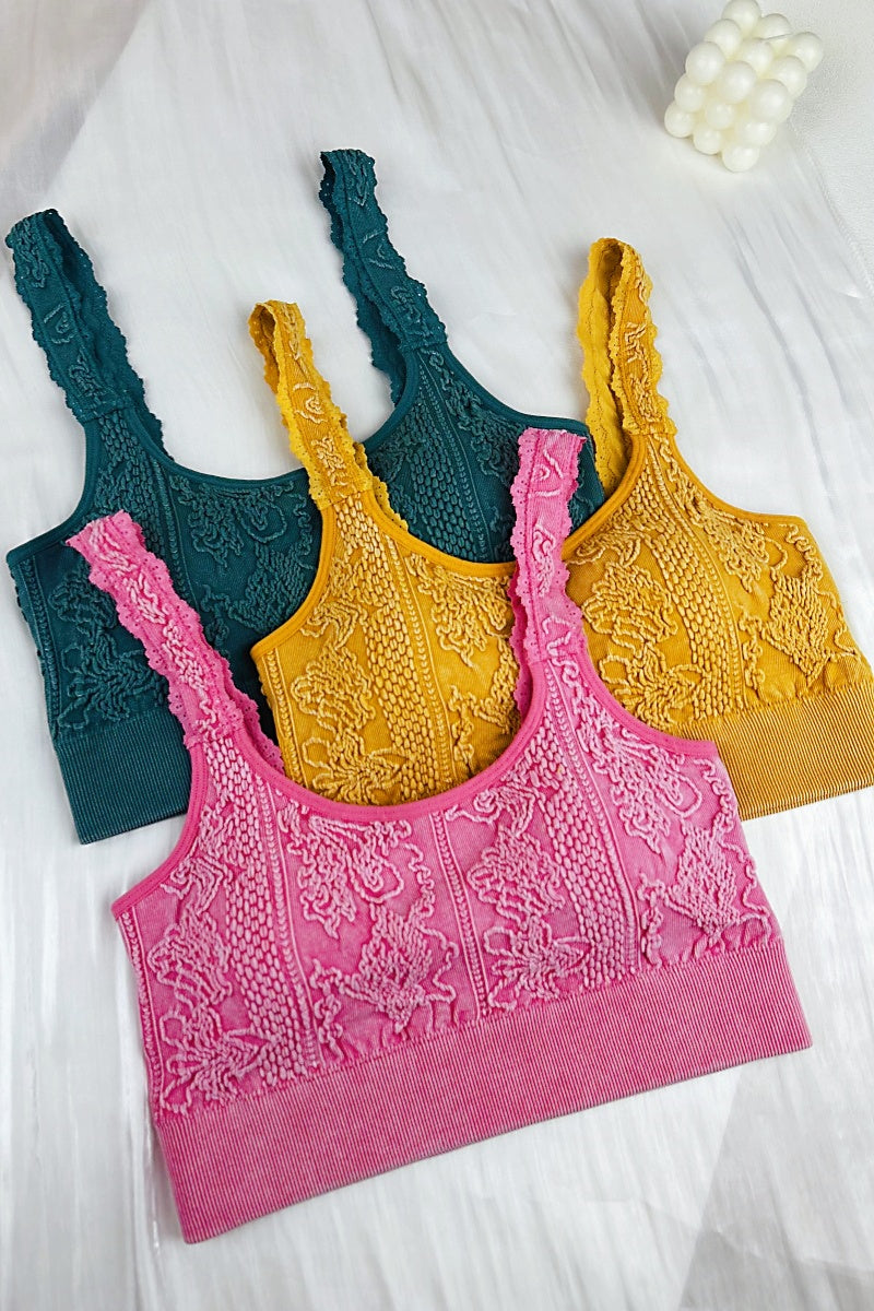 Effortless Edge: Seamless Washed Jacquard Lace Bralette with Decorative Strap - NeoKira Unlimited