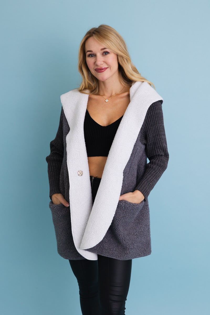 Gray Cozy Sherpa Hooded Cardigan - NeoKira Unlimited