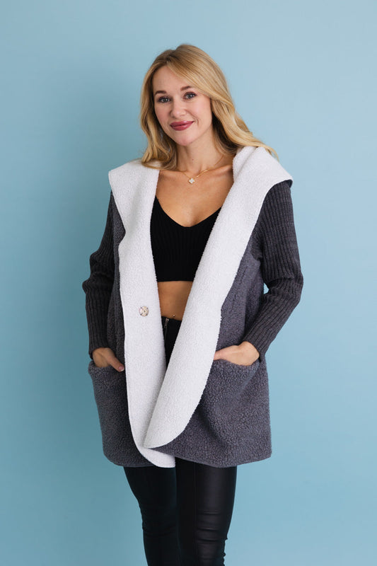 Gray Cozy Sherpa Hooded Cardigan - NeoKira Unlimited