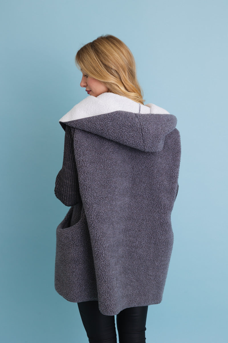 Gray Cozy Sherpa Hooded Cardigan - NeoKira Unlimited