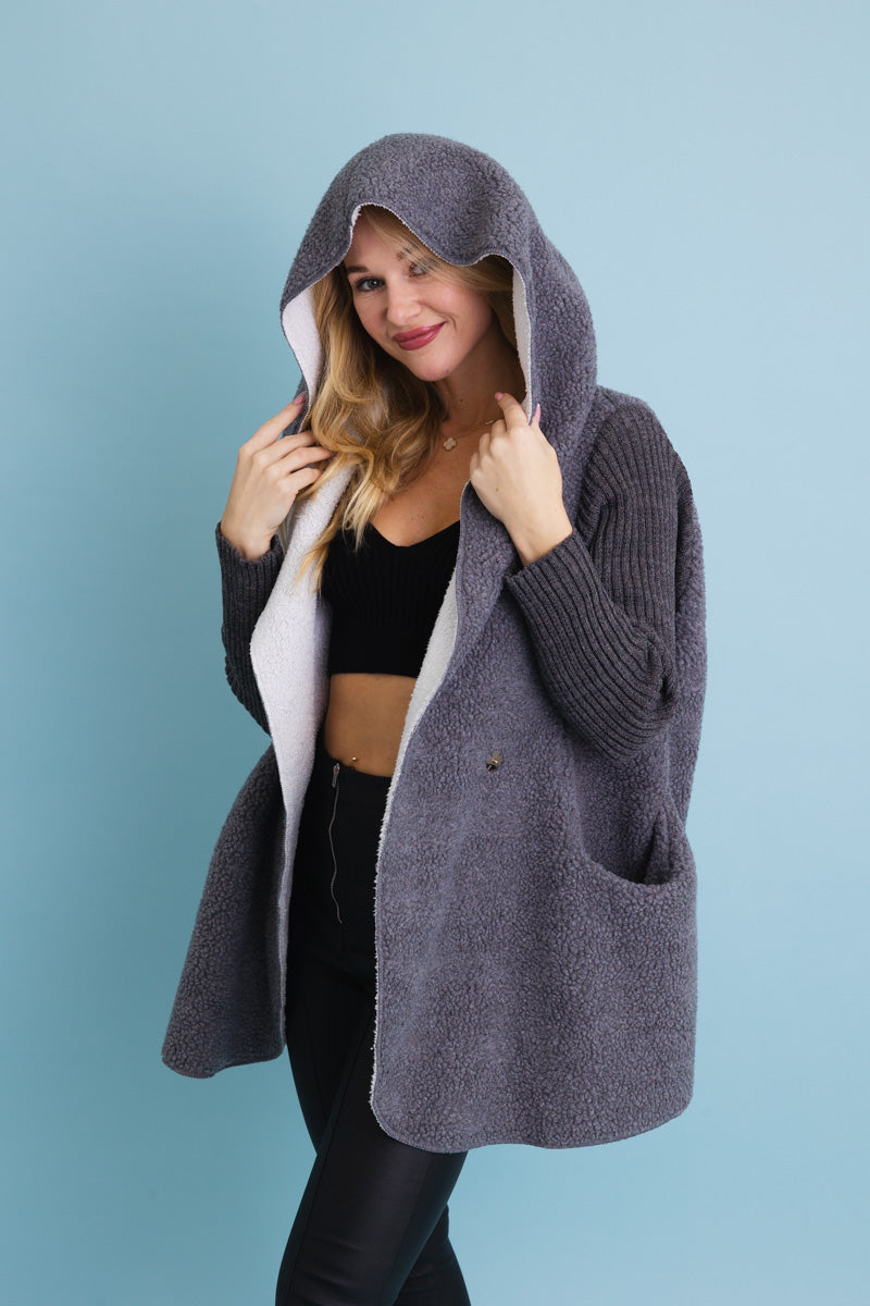Gray Cozy Sherpa Hooded Cardigan - NeoKira Unlimited