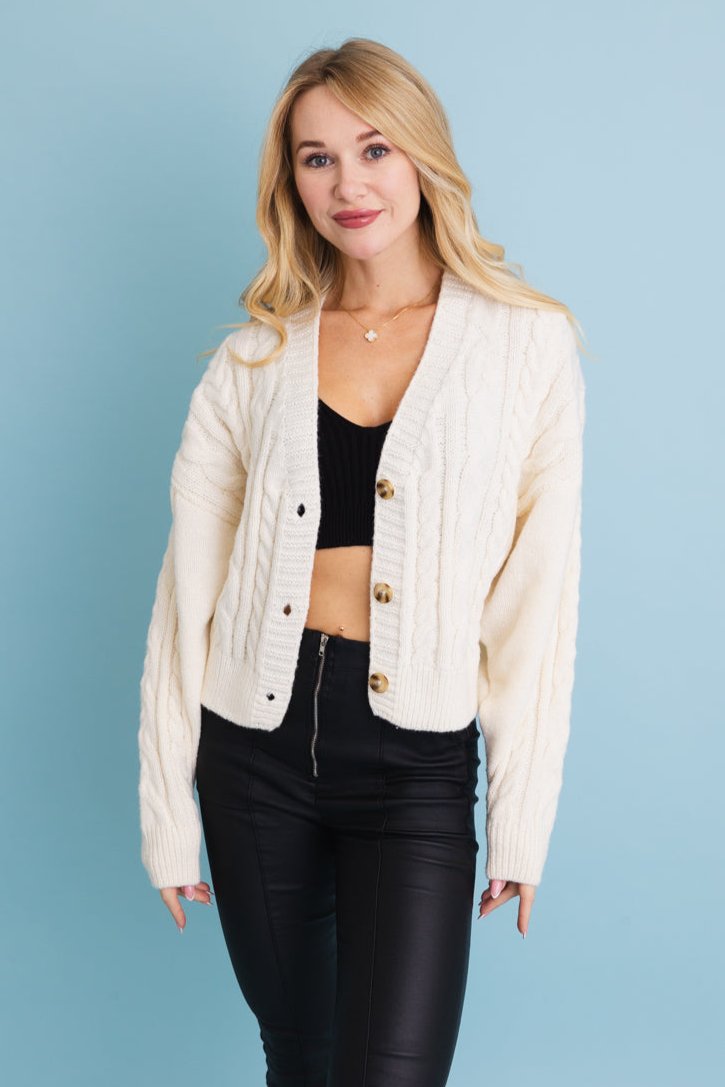 Chunky Cable Knit Button-Up Cropped Cardigan 🧥 - NeoKira Unlimited