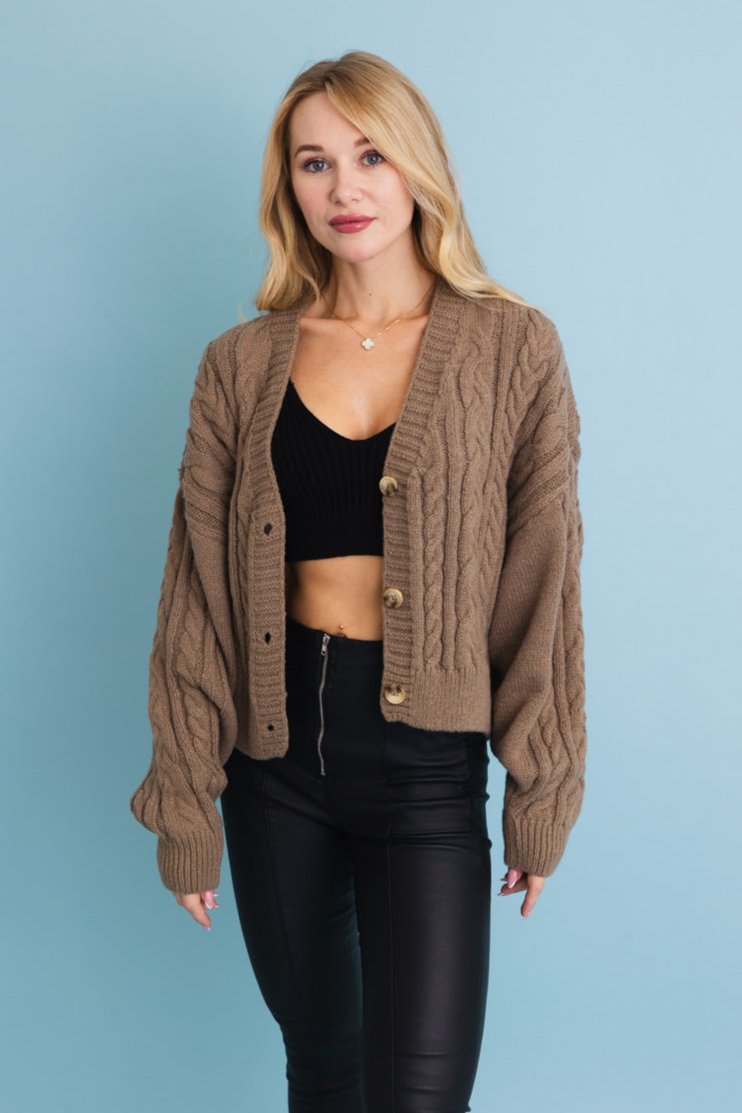 Chunky Cable Knit Button-Up Cropped Cardigan - NeoKira Unlimited