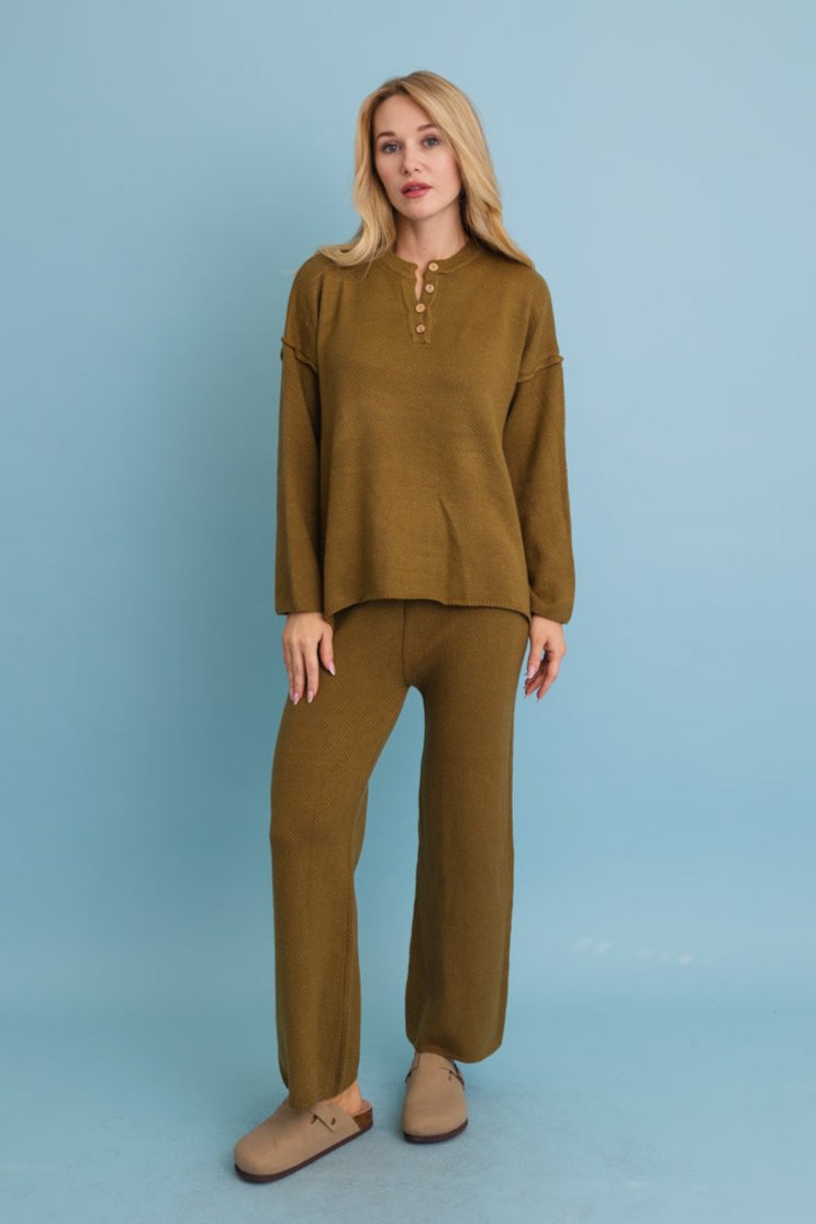 Relaxed Henley Waffle Knit Lounge Set - NeoKira Unlimited