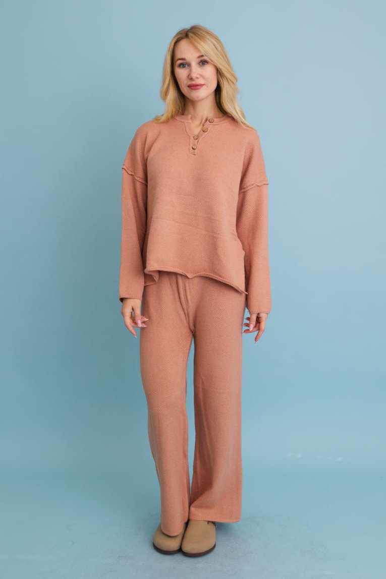 Relaxed Henley Waffle Knit Lounge Set - NeoKira Unlimited