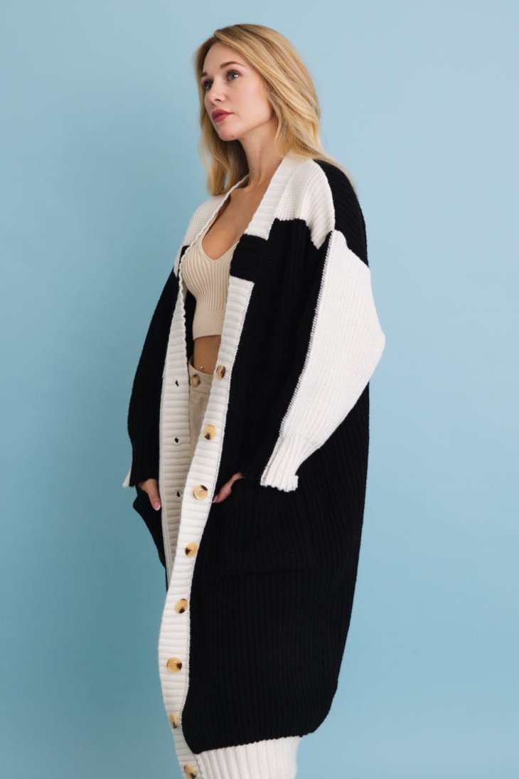 Oversized Color Block Button-Up Knit Cardigan - NeoKira Unlimited