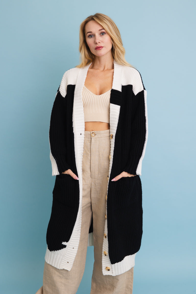 Oversized Color Block Button-Up Knit Cardigan - NeoKira Unlimited
