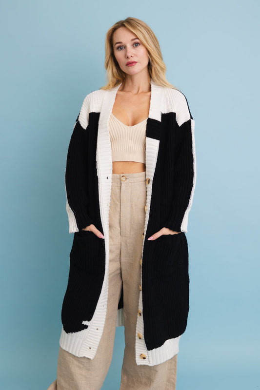 Oversized Color Block Button-Up Knit Cardigan - NeoKira Unlimited