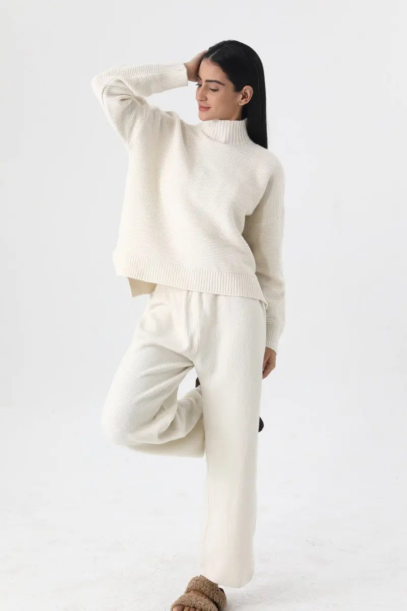 Women Turtleneck Knit Loungewear Set Sweater Wide Leg Pants 🧶☁️ - NeoKira Unlimited