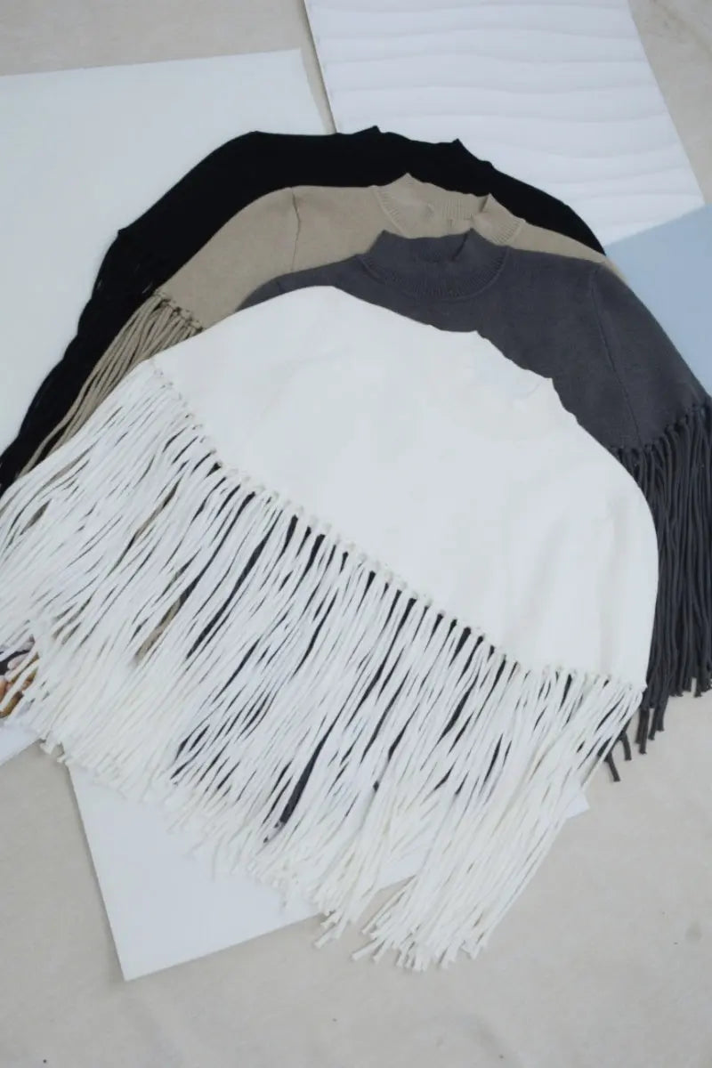 Women Solid Mock Neck Fringe Knit Poncho Cape Shawl 🧶🍂 - NeoKira Unlimited