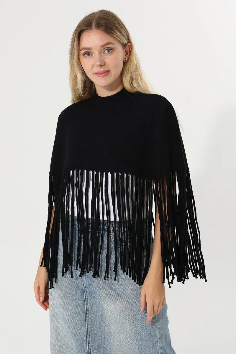 Women Solid Mock Neck Fringe Knit Poncho Cape Shawl 🧶🍂 - NeoKira Unlimited